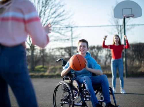 Teenage Boy In Wheelchair Playing Basketball With Friends